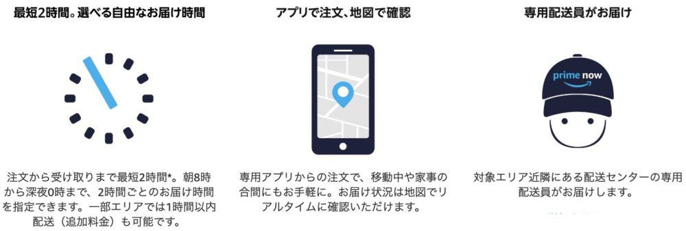 アマゾンプライムナウ(Amazon Prime Now) - 選べる自由な受取り時間 注文から受け取りまで最短2時間*。朝8時から深夜0時まで、2時間ごとのお届け時間を指定できます。一部エリアでは1時間以内配送(追加料金)も可能です。 アマゾンプライムナウ(Amazon Prime Now) - アプリで注文、地図で確認 専用アプリからの注文で、移動中や家事の合間にもお手軽に。お届け状況は地図でリアルタイムに確認いただけます。 詳細を見る アマゾンプライムナウ(Amazon Prime Now) - 専用チームによる配送 対象エリア近隣にある配送センターの専用配送員がお届けします。